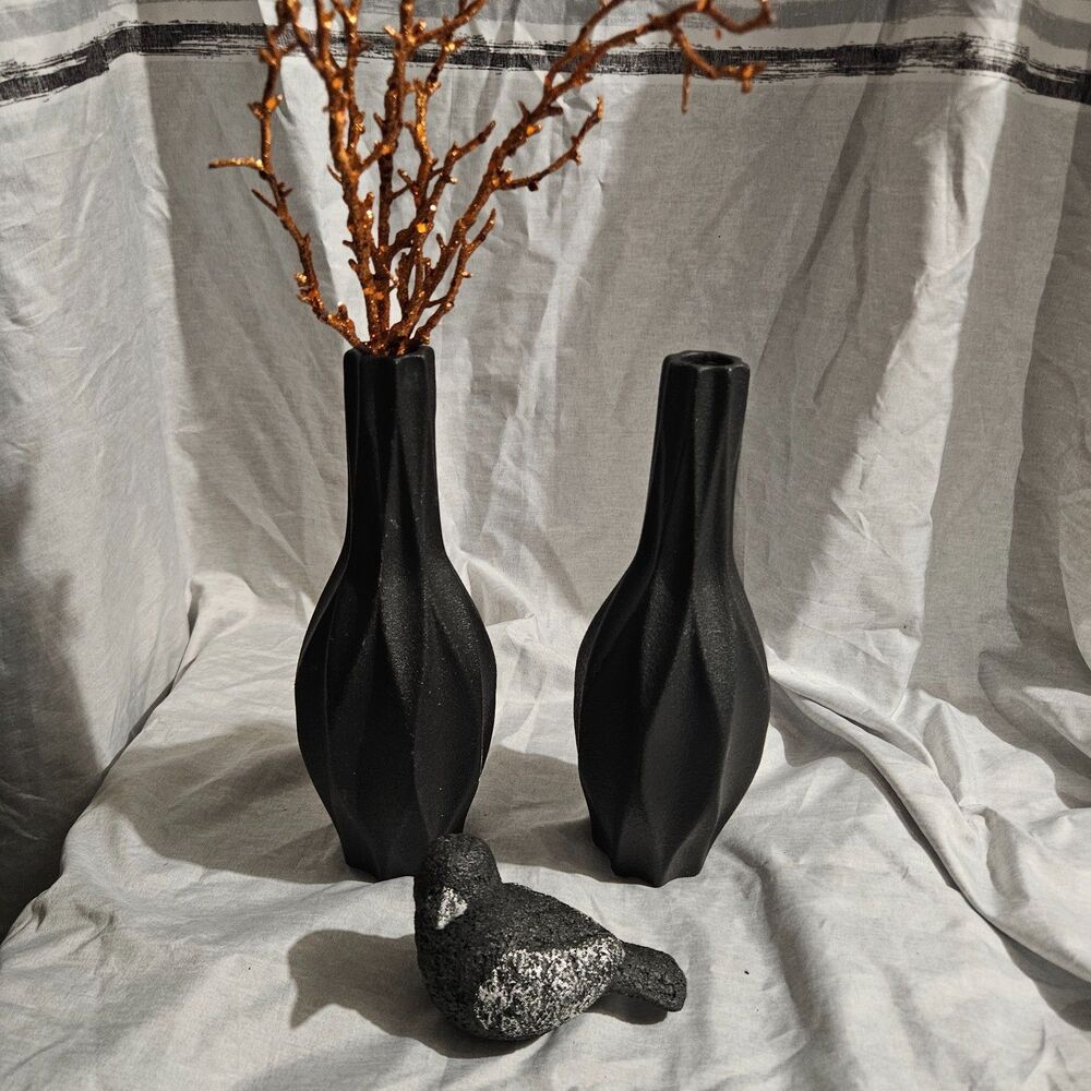 Set of 2 Black Decorative Vases Bird Figurine Modern Home Decor